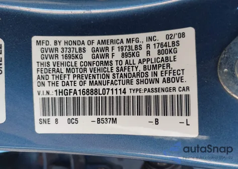 2008 Honda Civic Ex из США, поврежденный, VIN 1HGFA16888L071114